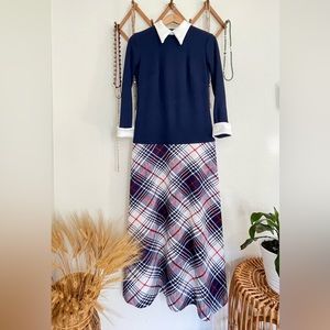 1970s Vintage Blue Plaid Polyester Maxidress with White Dagger Collar